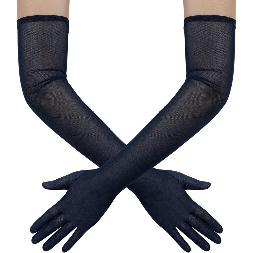 Women's Tulle Dark Navy Long Stretchy Gloves Halloween Party Wedding Costume